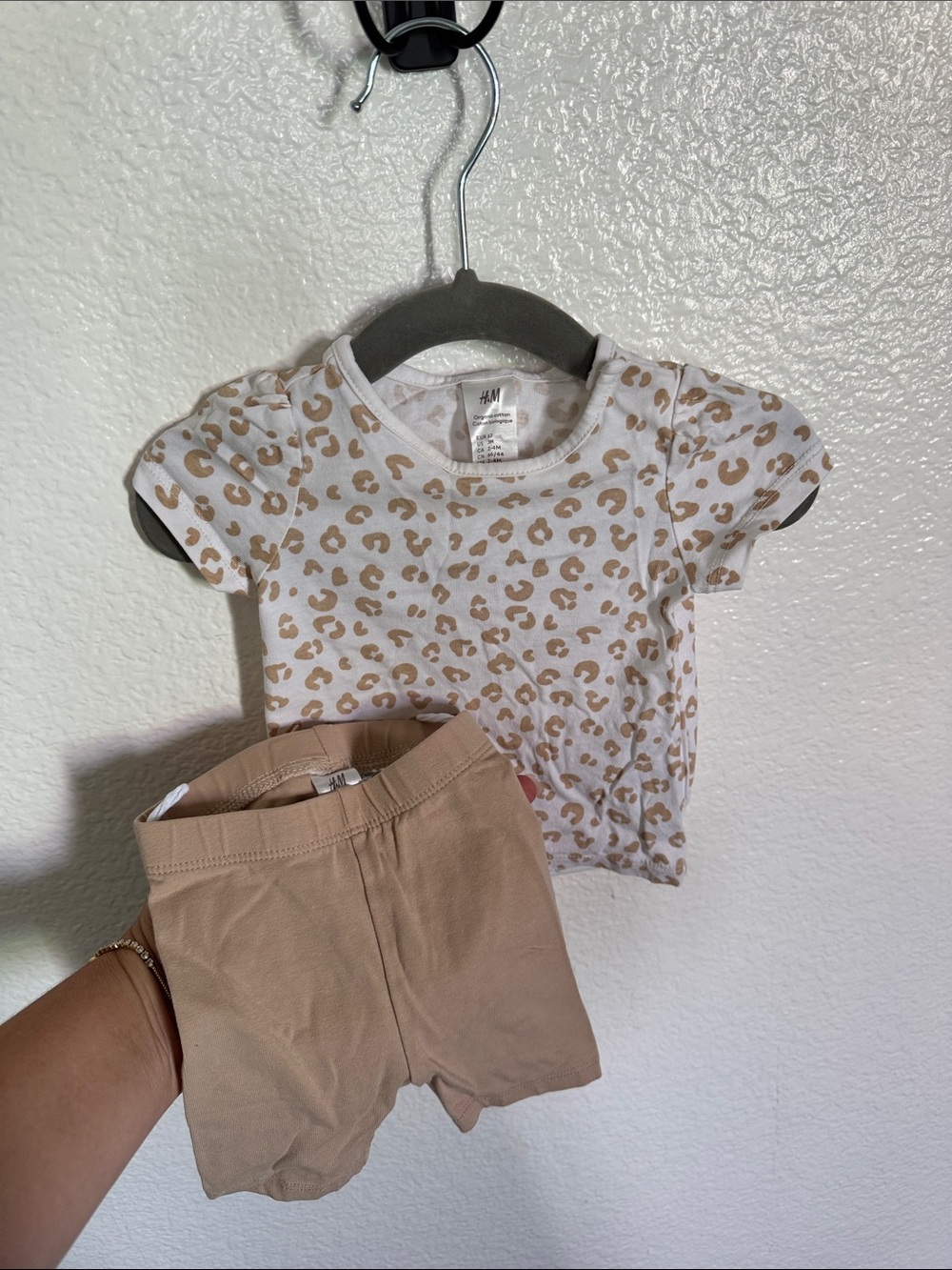 H&M White Tee with Tan Leopard Print & Tan Shorts Set